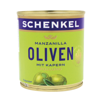 Schenkel Manzanilla Oliven grün, Kapern-Füllung, aus Spanien, 200g Produktbild, Vorderseite der Verpackung